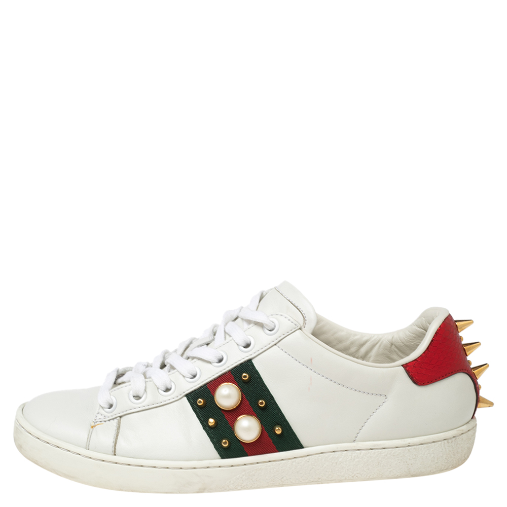 

Gucci White Leather Studded Web Ace Sneakers Size