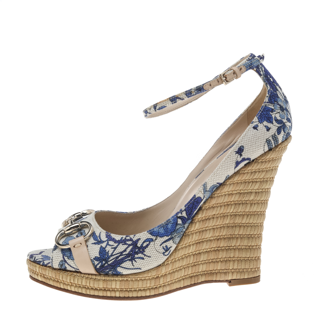 

Gucci Blue Floral Printed Canvas Horsebit Ankle Strap Wedge Sandals Size