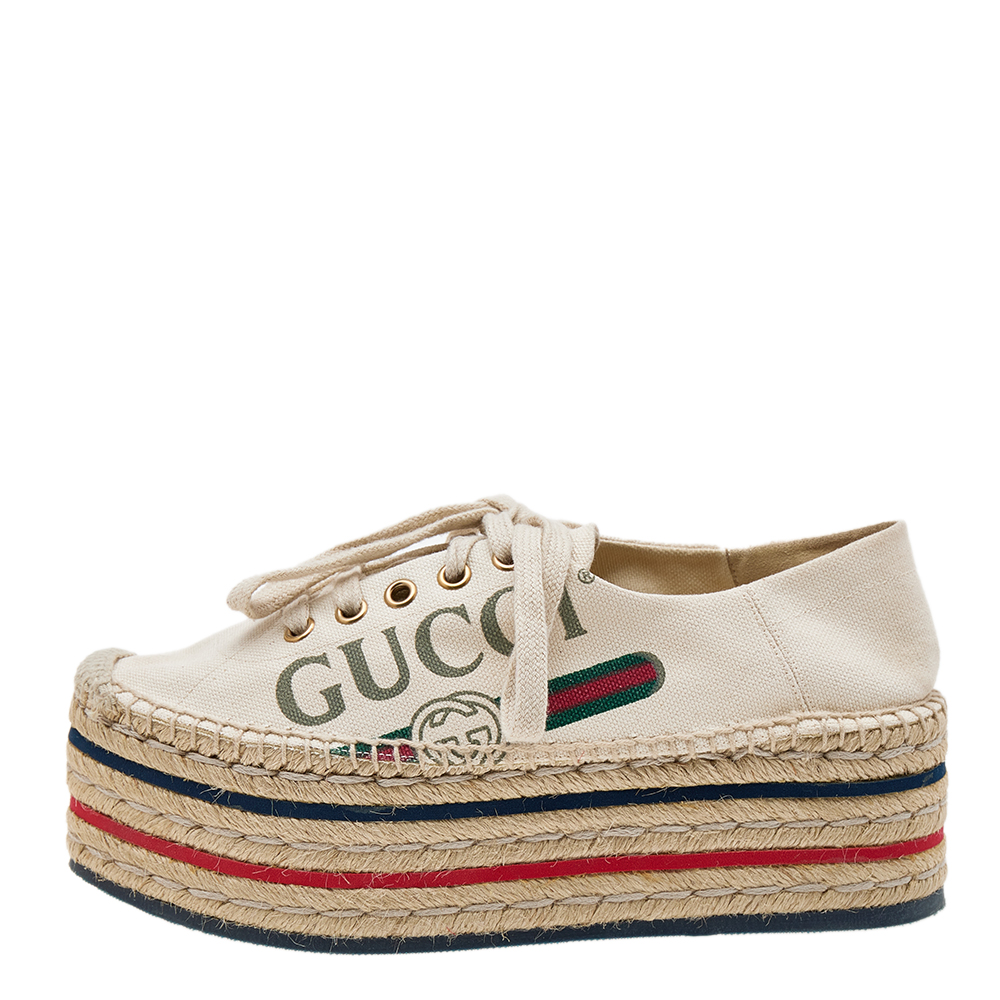 

Gucci Cream Canvas Logo Platform Espadrilles Size