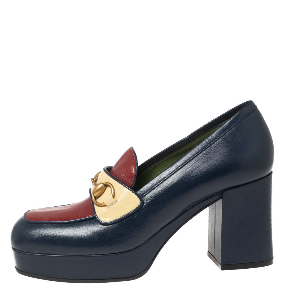 

Gucci Tricolor Leather Horsebit Loafer Platform Pumps Size, Navy blue