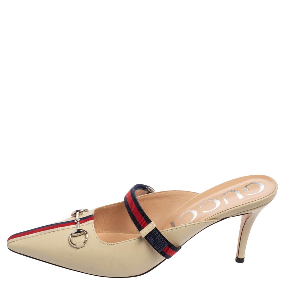 

Gucci Beige Leather Emma Web Strap Horsebit Mules Size