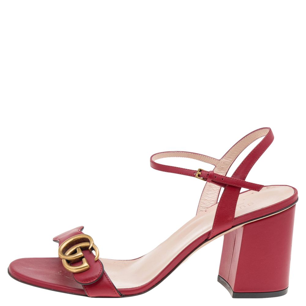 

Gucci Red Leather GG Block Heel Ankle Strap Sandals Size