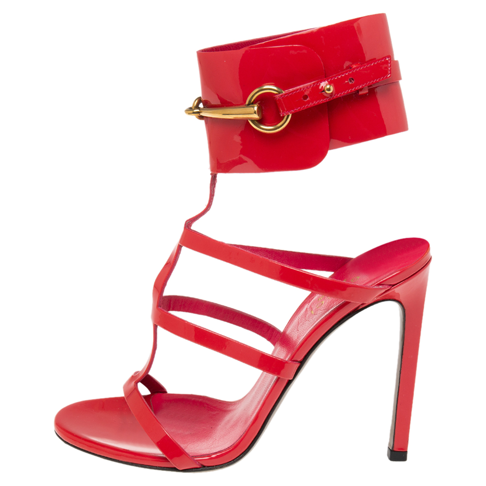 

Gucci Shocking Pink Patent Leather Ursula Horsebit Ankle-Strap Sandals Size