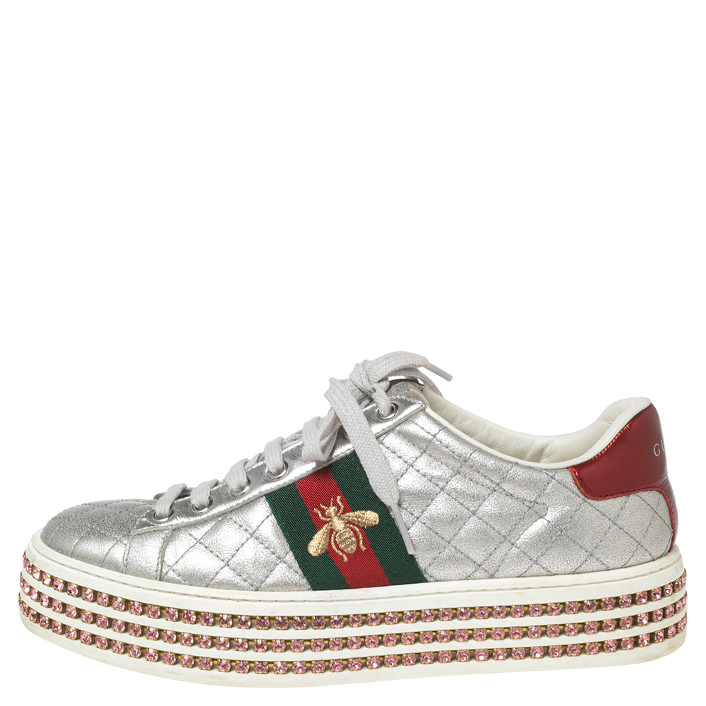 

Gucci Silver Quilted Leather Bee Web Ace Crystal Embellished Platform Sneakers Size