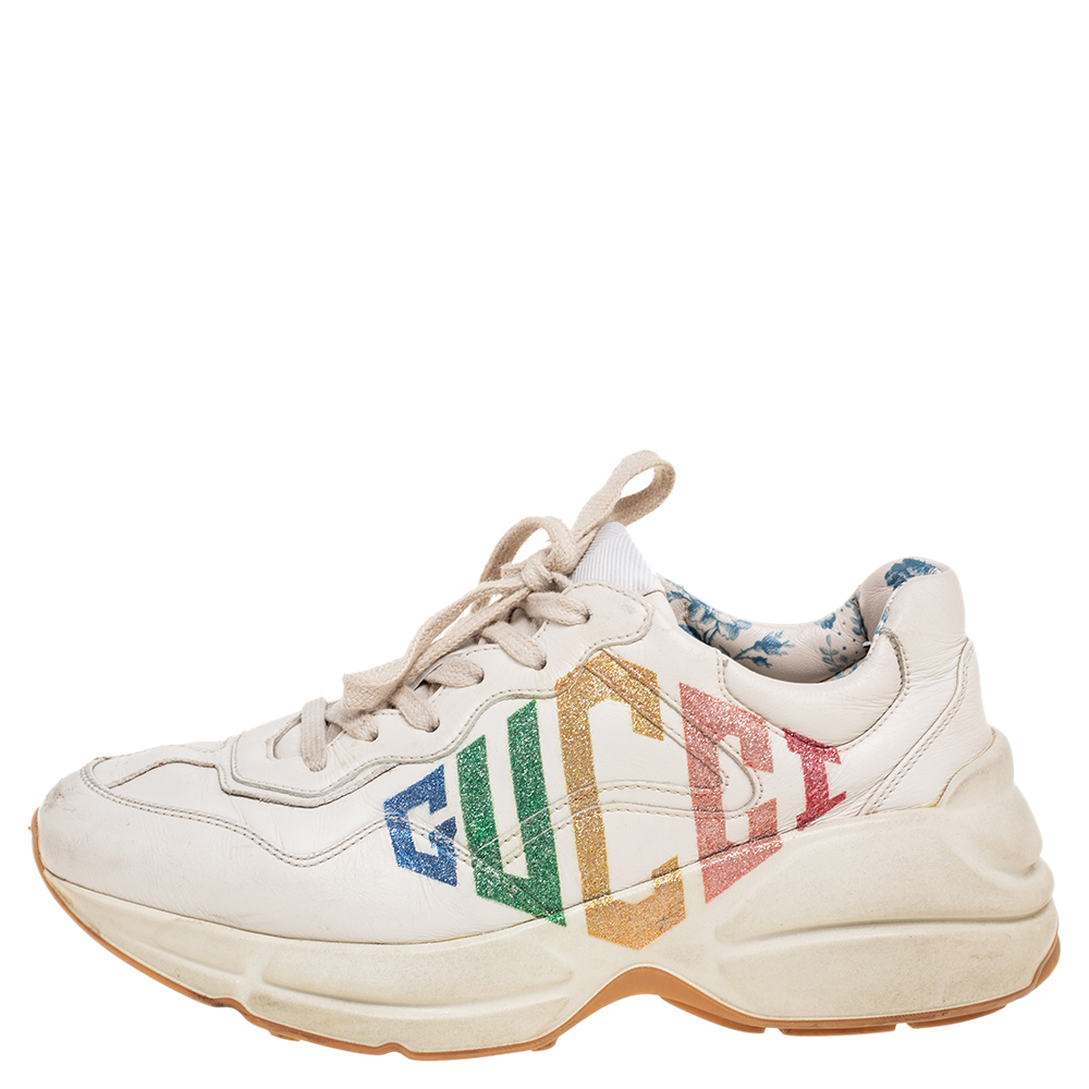 

Gucci Cream Leather Rhyton Glitter Logo Sneakers Size, White