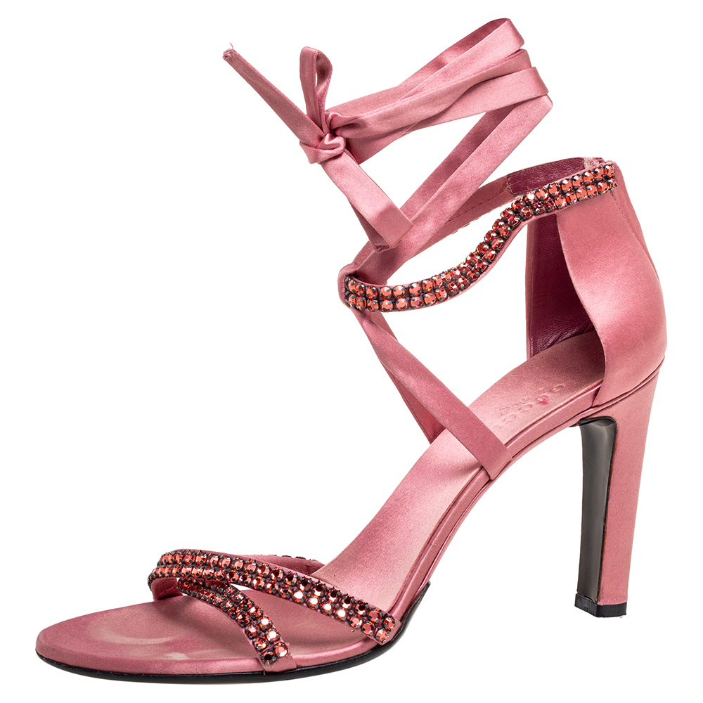 

Gucci Pink Satin Crystal Embellished Ankle Wrap Sandals Size
