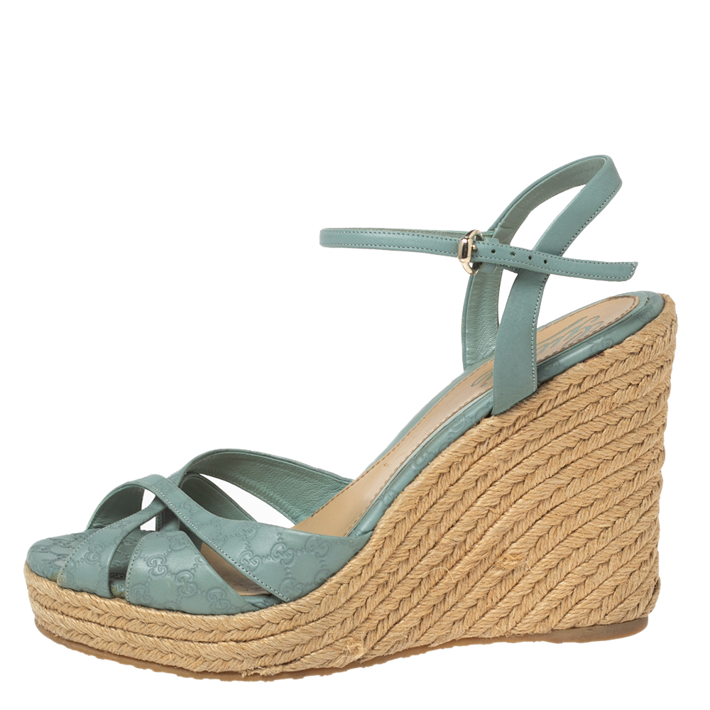 

Gucci Blue Leather Platform Ankle Strap Wedge Espadrille Sandals Size