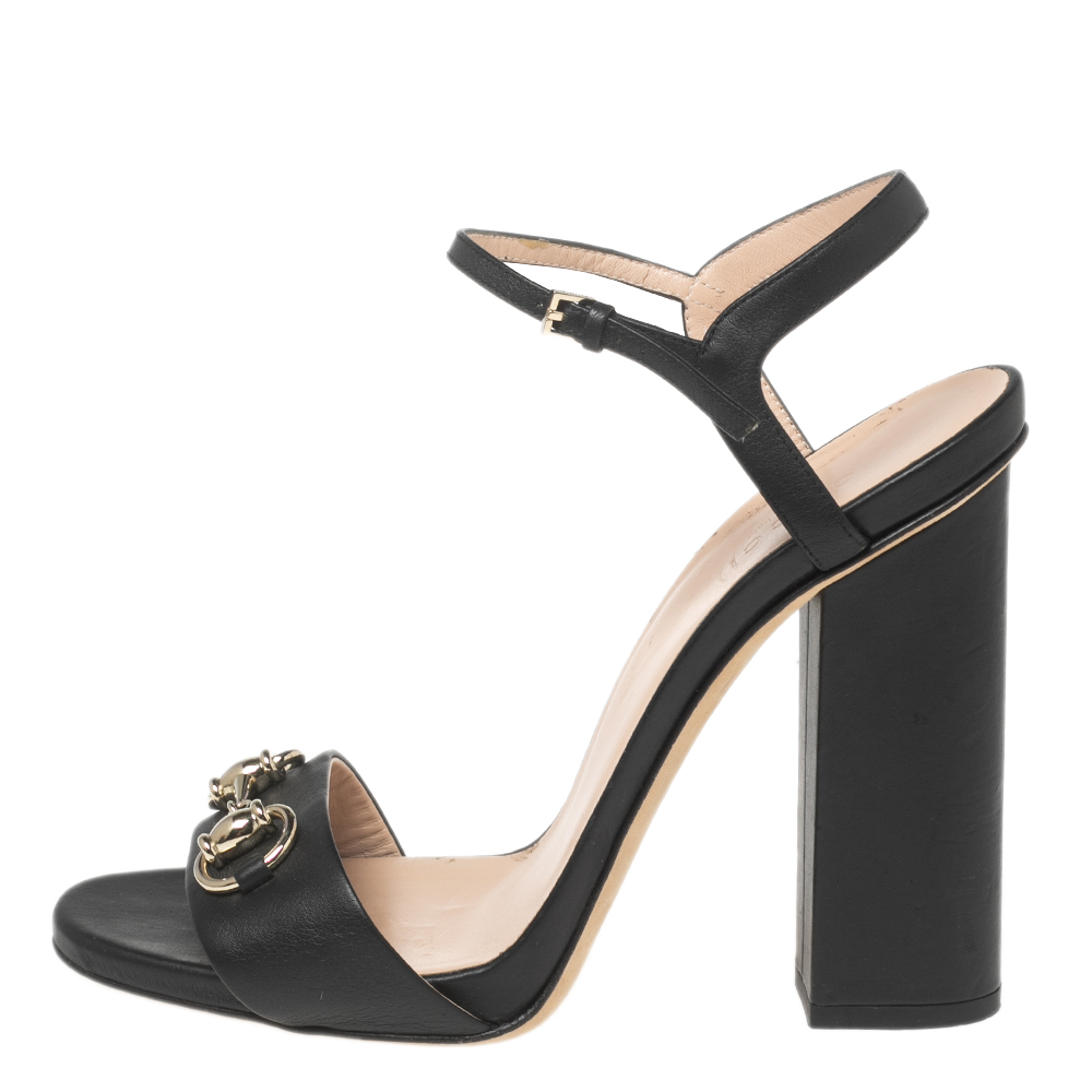 

Gucci Black Leather Horsebit Ankle Strap Open Toe Block Heel Sandals Size