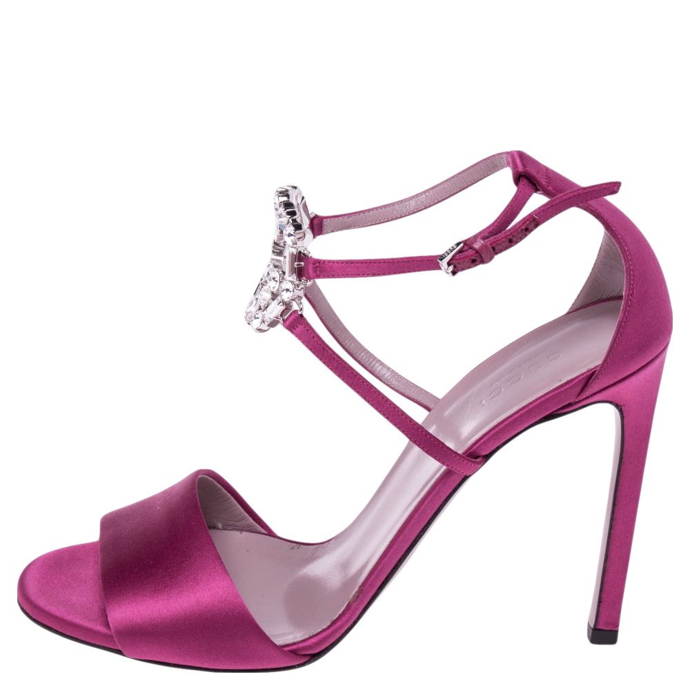 

Gucci Pink Satin Crystal Embellished GG Interlocking Ankle Strap Sandals Size