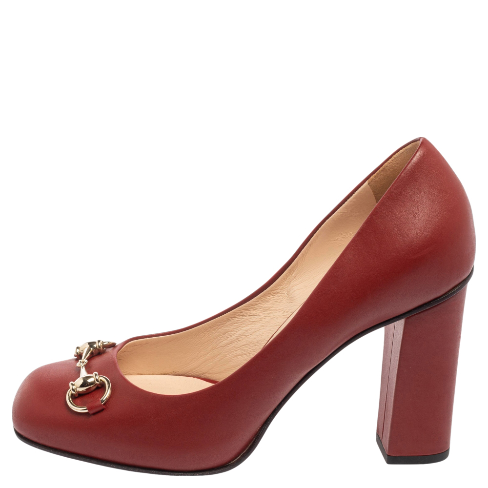 

Gucci Red Leather Horsebit Square Toe Block Heel Pumps Size 38