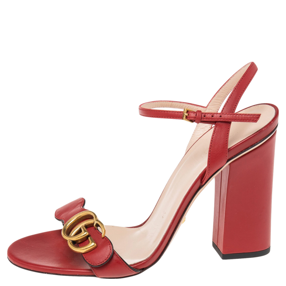 

Gucci Red Leather GG Marmont Ankle Strap Block Heel Sandals Size