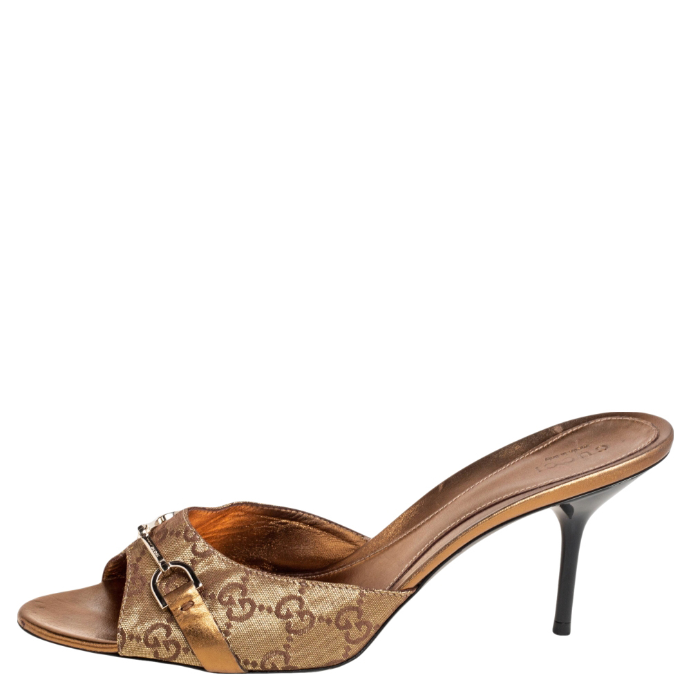 

Gucci Gold GG Lurex Fabric Horsebit Slide Sandals Size