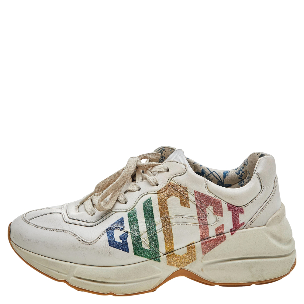 

Gucci Beige Leather Glitter Rhyton Lace Up Sneakers Size