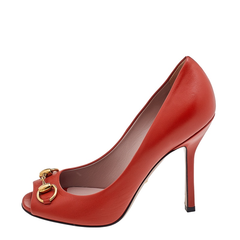 

Gucci Orange Leather Horsebit Peep Toe Pumps Size