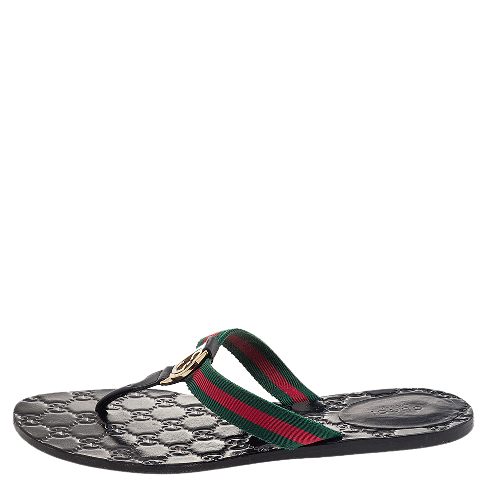 

Gucci Black Leather GG Web Thong Flat Sandals Size