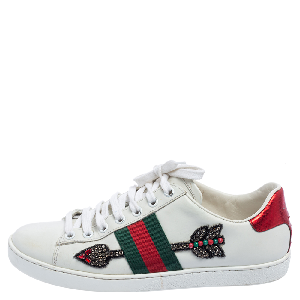 

Gucci White Leather Embellished Arrow Applique Ace Sneakers Size