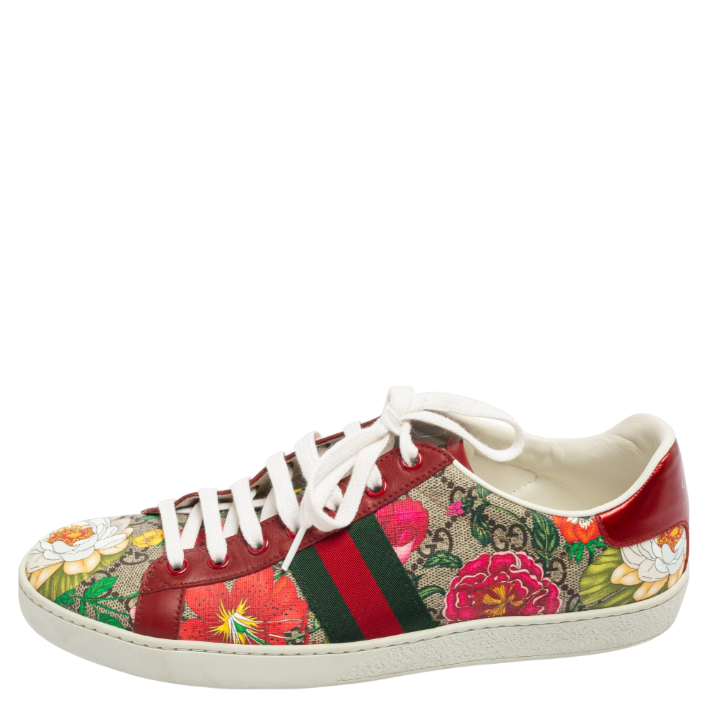 

Gucci Multicolor Coated Floral Canvas And Leather Ace Web Low Top Sneakers Size