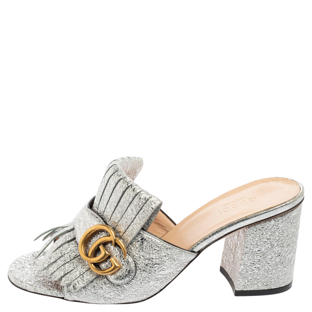 

Gucci Silver Crinkled Leather GG Marmont Fringed Mules Size