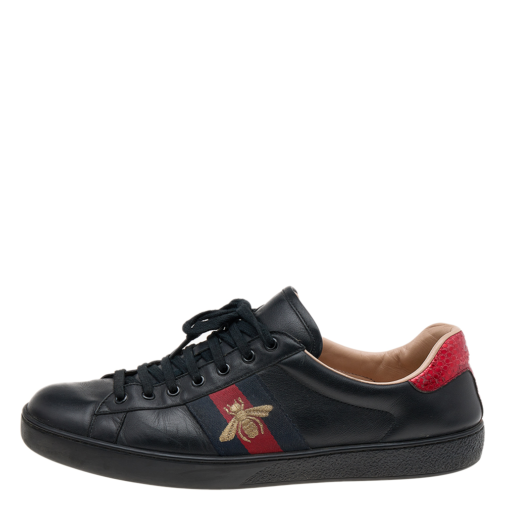 

Gucci Black Leather Ace Web Low Top Sneakers Size