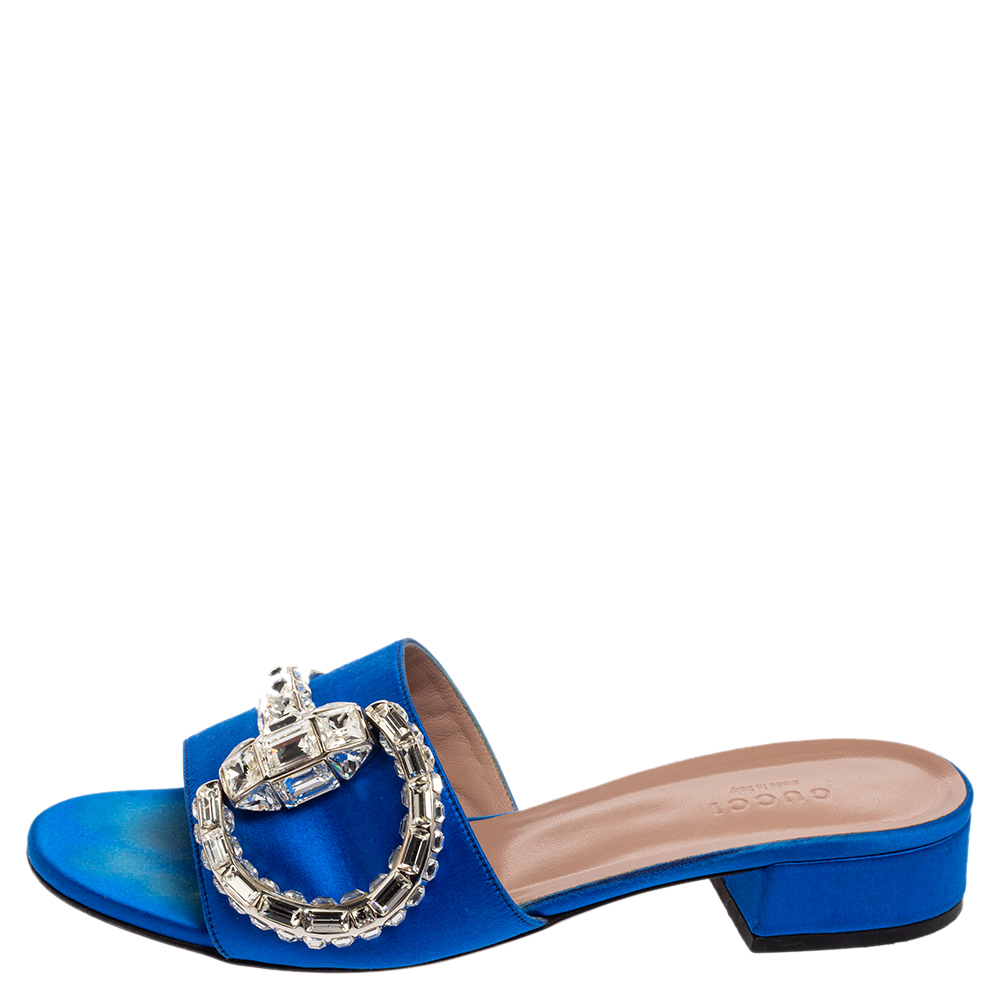 

Gucci Royal Blue Satin Maxime Crystal Horsebit Slide Sandals Size