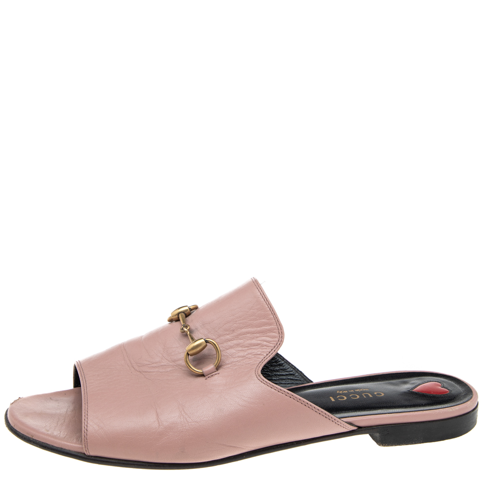 

Gucci Pink Leather Malaga Kid Horsebit Slide Sandals Size