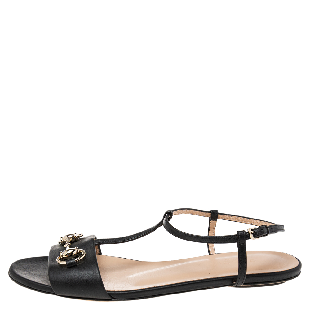 

Gucci Black Leather Horsebit T-Strap Flat Sandals Size
