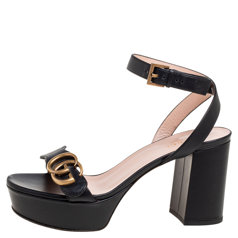 

Gucci Black Leather GG Marmont Platform Ankle Strap Sandals Size