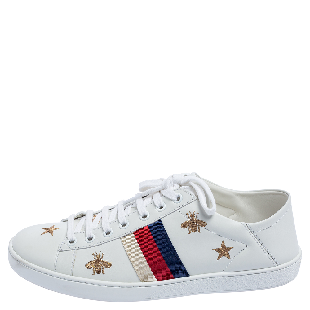 

Gucci White Leather Ace Bee And Stars Embroidered Low Top Sneakers Size