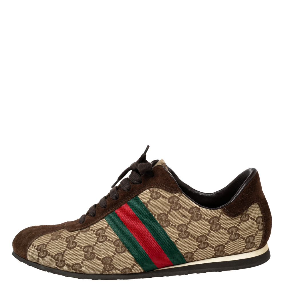 

Gucci Brown/Beige GG Canvas And Suede Web Low Top Sneakers Size