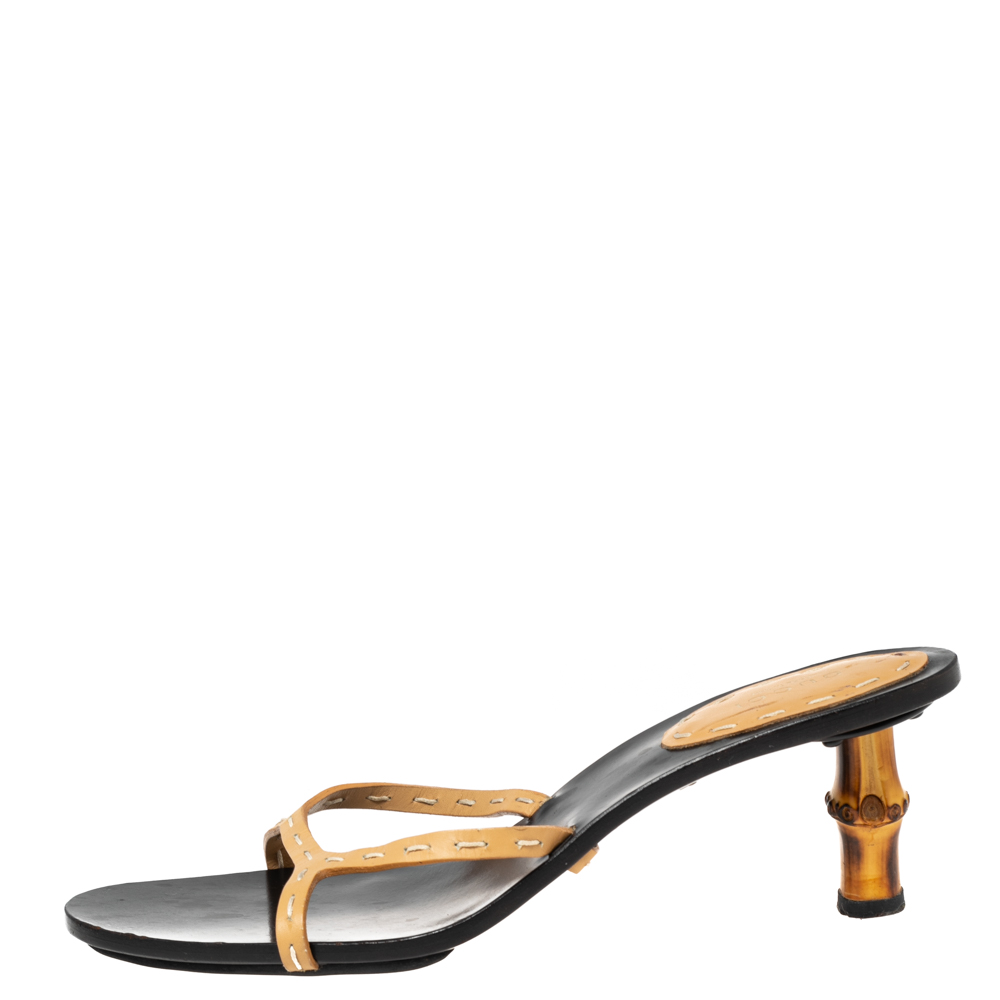 

Gucci Beige Leather Open Toe Bamboo Heel Slide Sandals Size