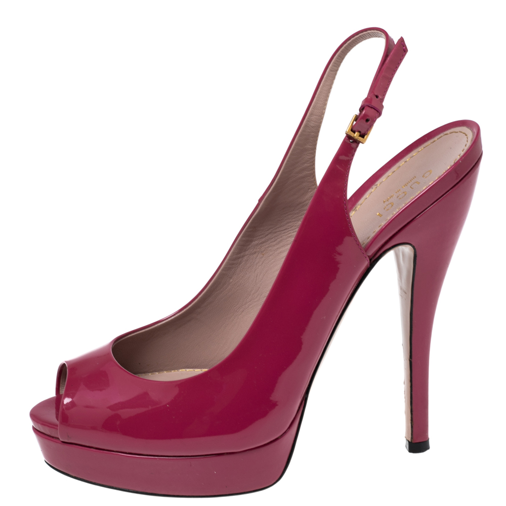 

Gucci Magenta Patent Leather Sofia Peep-Toe Slingback Sandals Size, Purple