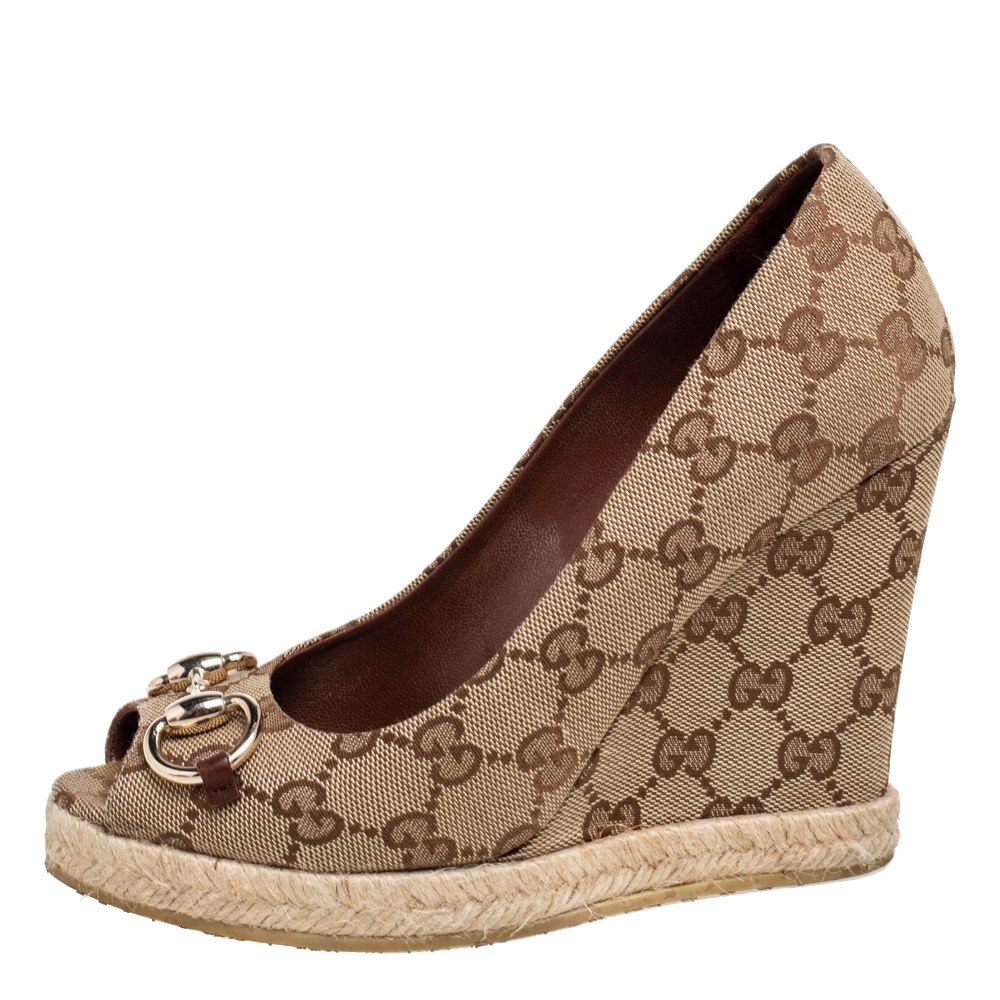 

Gucci Beige GG Canvas Charlotte Horsebit Wedge Pumps Size