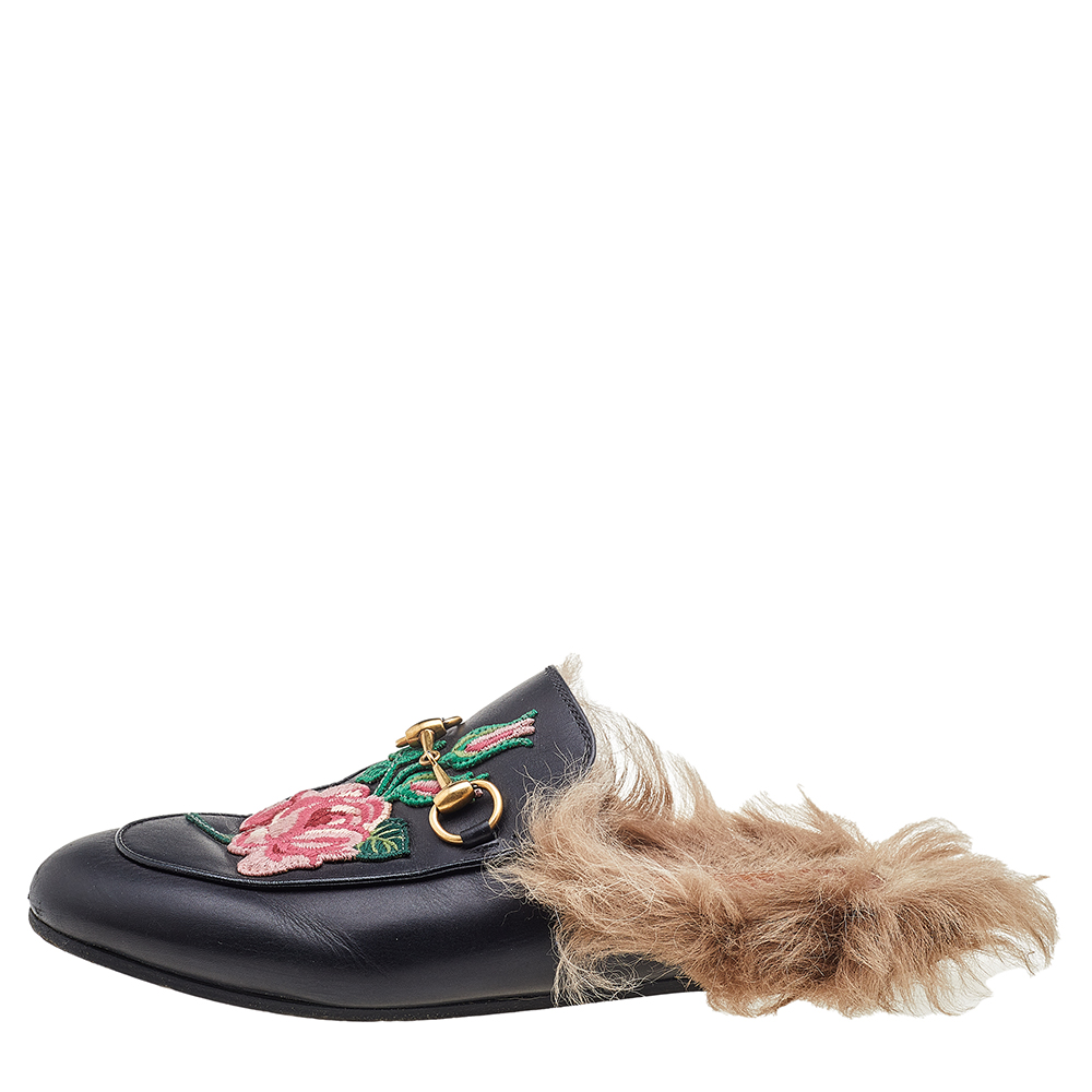

Gucci Black Floral Embroidered Leather And Fur Lined Princetown Horsebit Flat Mules Size
