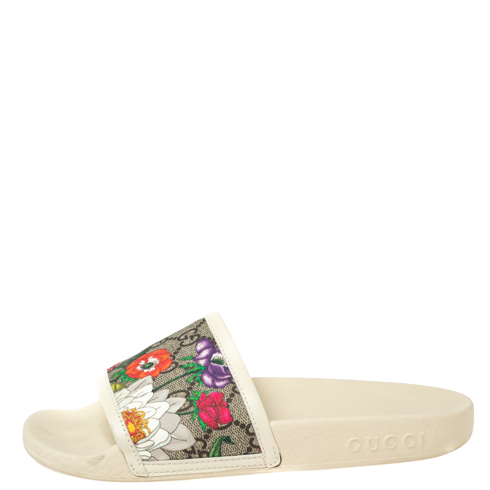 

Gucci Beige/Brown GG Supreme Canvas Blooms Flat Slides Size