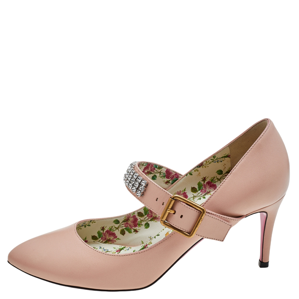 

Gucci Beige Leather Sylvie Crystal Embellished Mary Jane Pumps Size