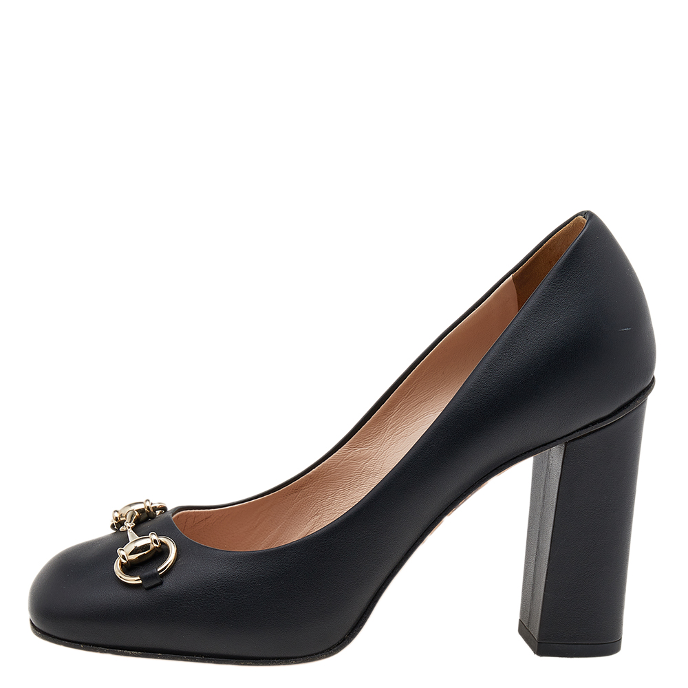 

Gucci Black Leather Horsebit Block Heel Pumps Size
