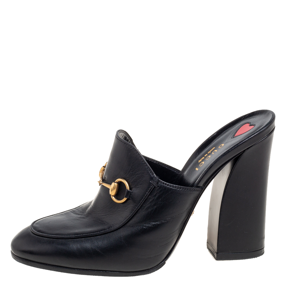 

Gucci Black Leather Horsebit Julie Princetown Block Heel Mules Size