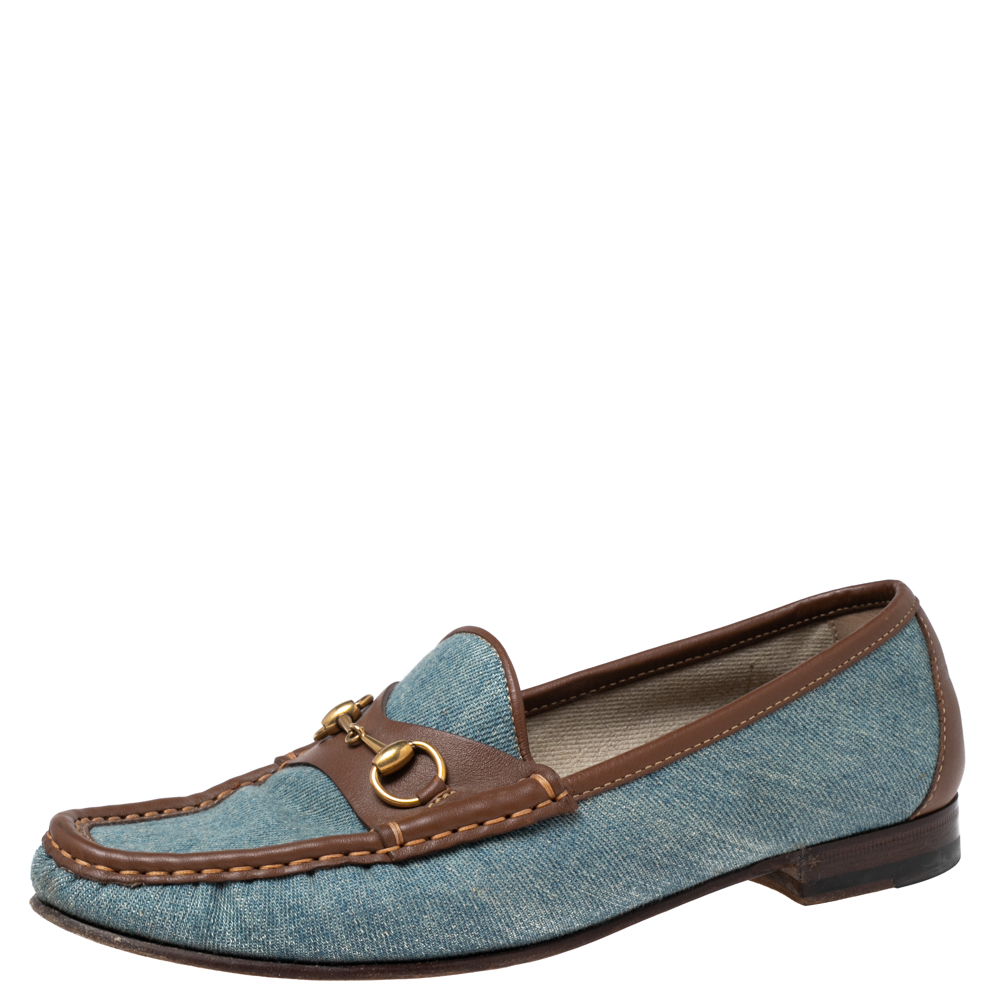 Pre-owned Gucci Blue/brown Denim And Leather Horsebit Loafers Size 38.5