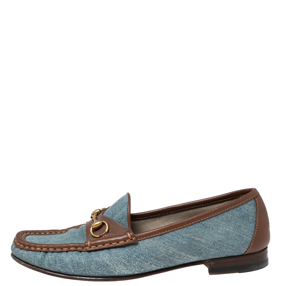

Gucci Blue/Brown Denim and Leather Horsebit Loafers Size