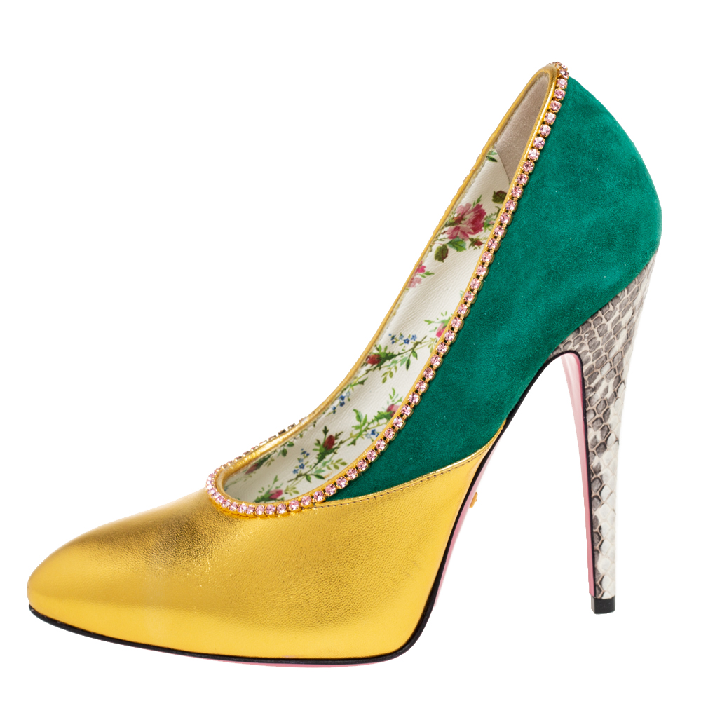 

Gucci Multicolor Leather And Suede Peachy Crystal Embellished Pumps Size