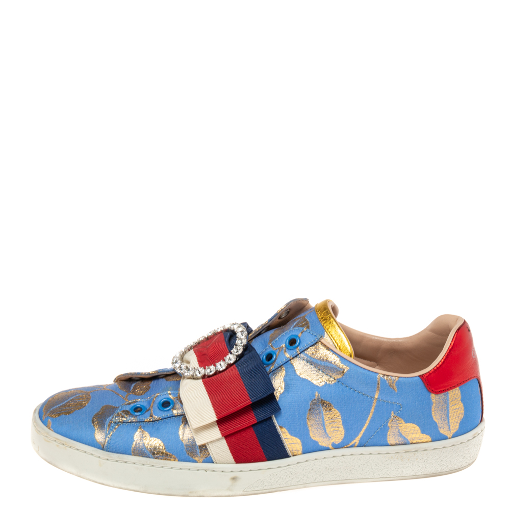 

Gucci Blue/Gold Lurex Fabric Ace Web Crystal Embellished Sneakers Size