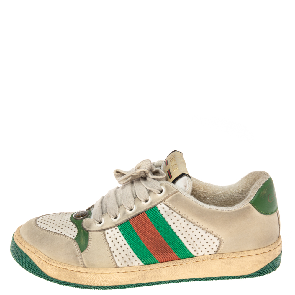 

Gucci Grey/Green Perforated Leather And Nubuck Leather Screener Low Top Sneakers Size