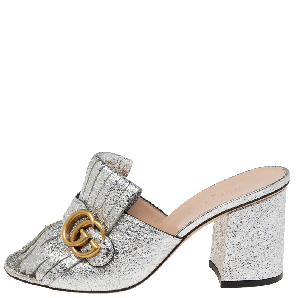 

Gucci Silver Foil Leather GG Marmont Fringed Mules Size