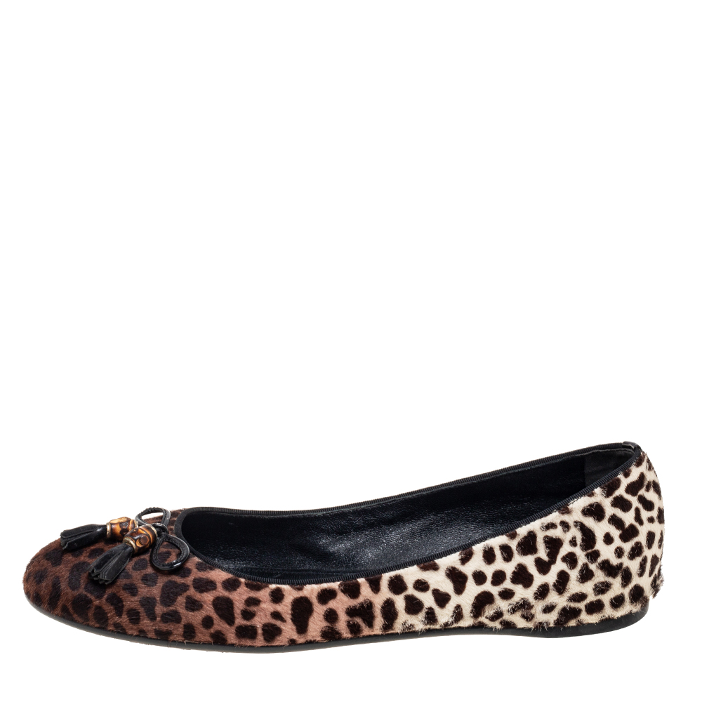 

Gucci Brown/Beige Leopard Print Calf Hair Bamboo Bow Ballet Flats Size