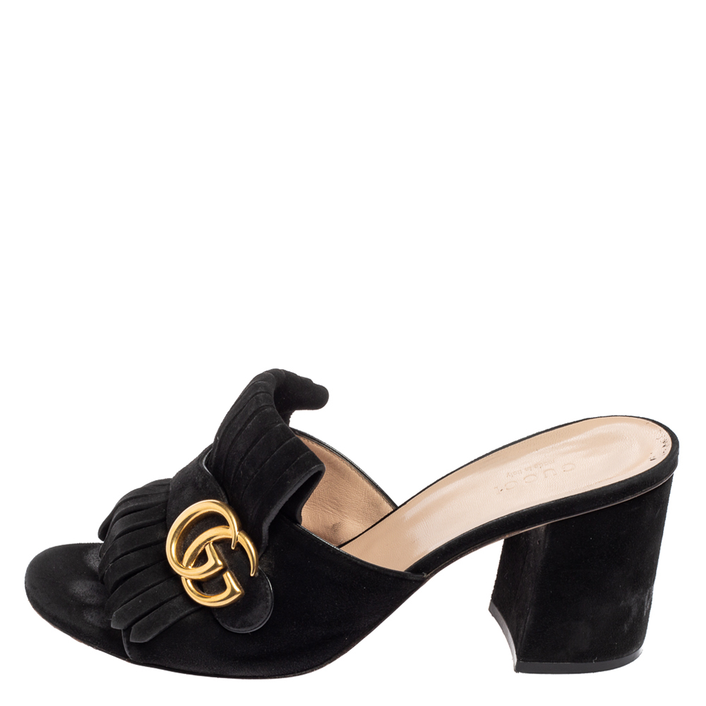 

Gucci Black Suede GG Marmont Fringe Slide Sandals Size