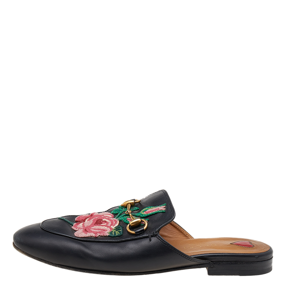 

Gucci Black Floral Embroidered Leather Princetown Mules Size