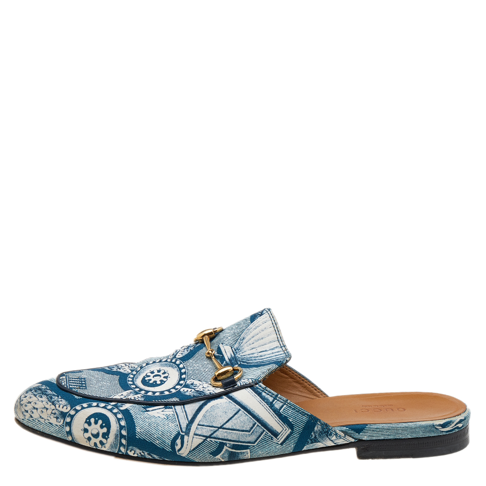 

Gucci Blue Printed Satin Princetown Horsebit Flat Mules Size