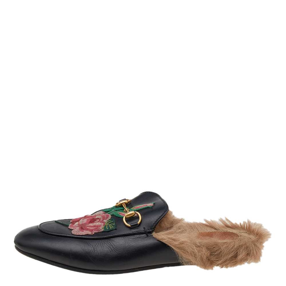 

Gucci Black Floral Embroidered Leather Fur Lined Princetown Horsebit Flat Mules Size