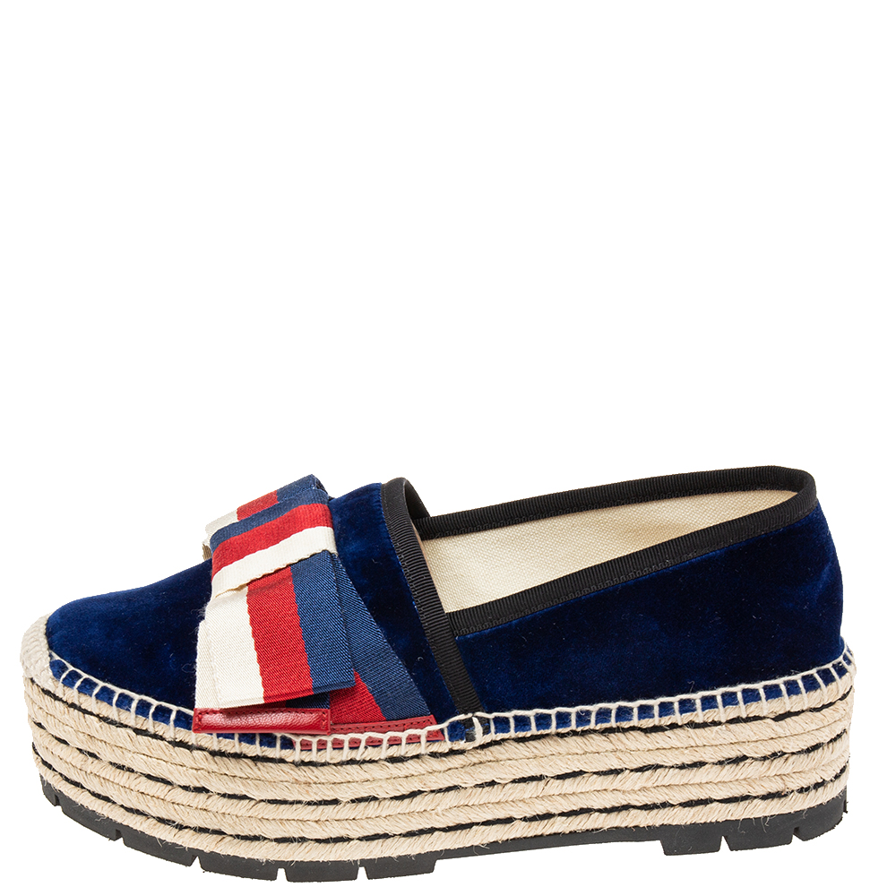 

Gucci Navy Blue Velvet and Fabric Bow Platform Espadrilles Size