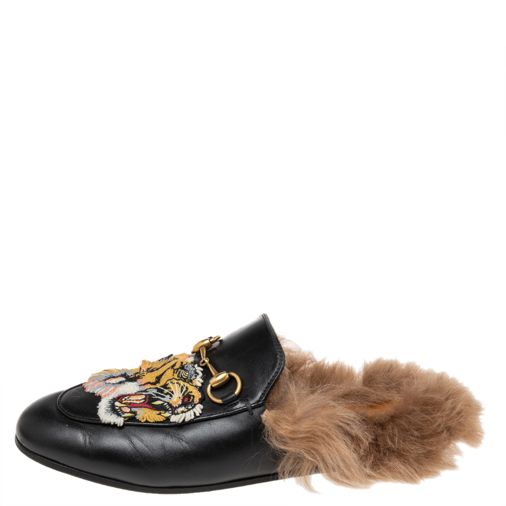 

Gucci Black Tiger Embroidered Leather and Fur Princetown Horsebit Flat Mules Size